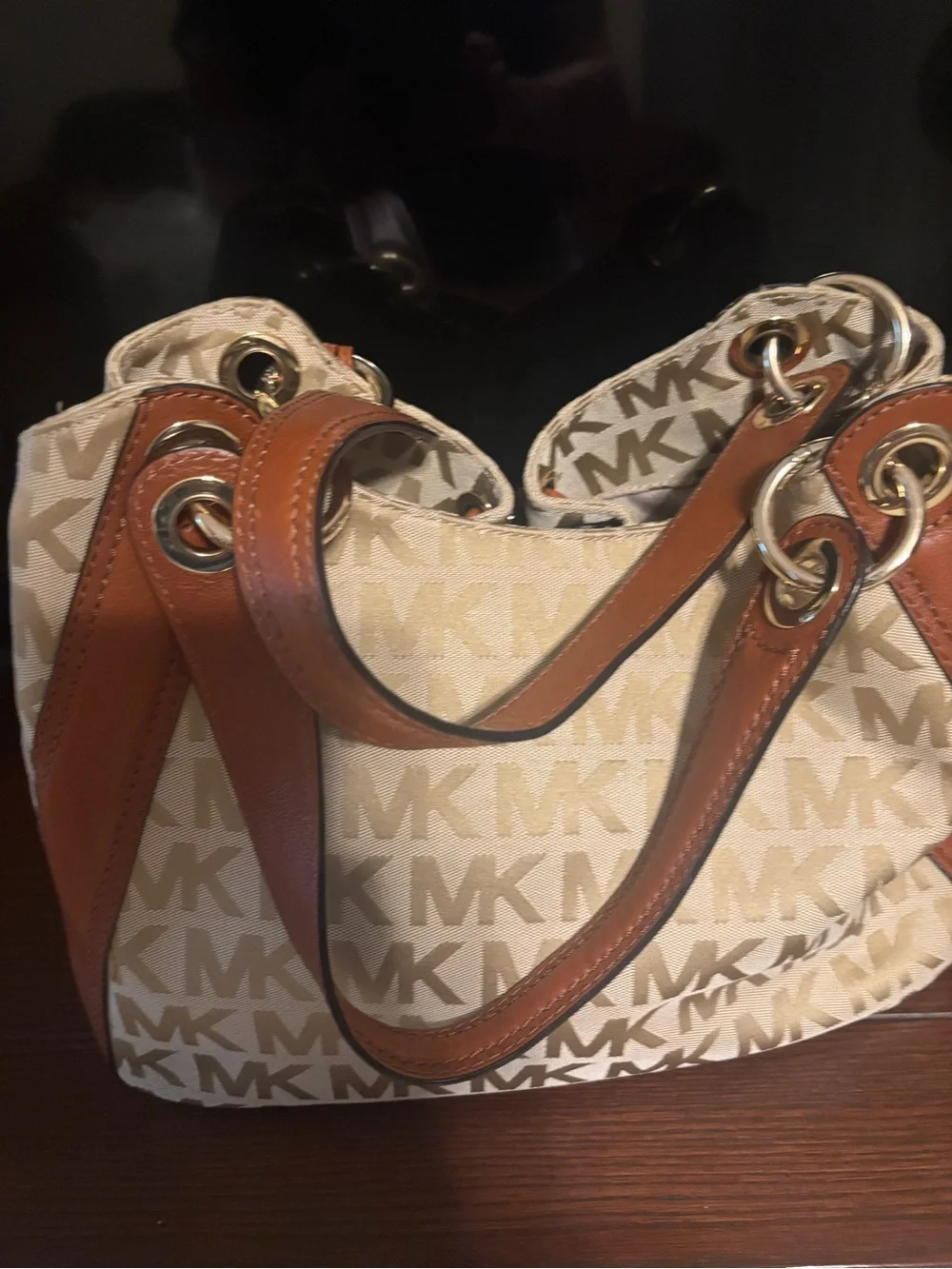 Michael Kors Cream & Tan MK Signature Drawstring Tote with Matching Wallet